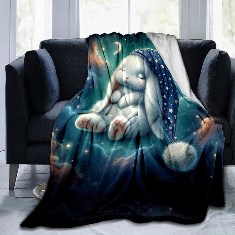 1pc Rabbit Printing Lightweight Flannel Blanket, Comfortable and Warm Blanket, for Camping Sofa Bed and Couch Office, in All Seasons