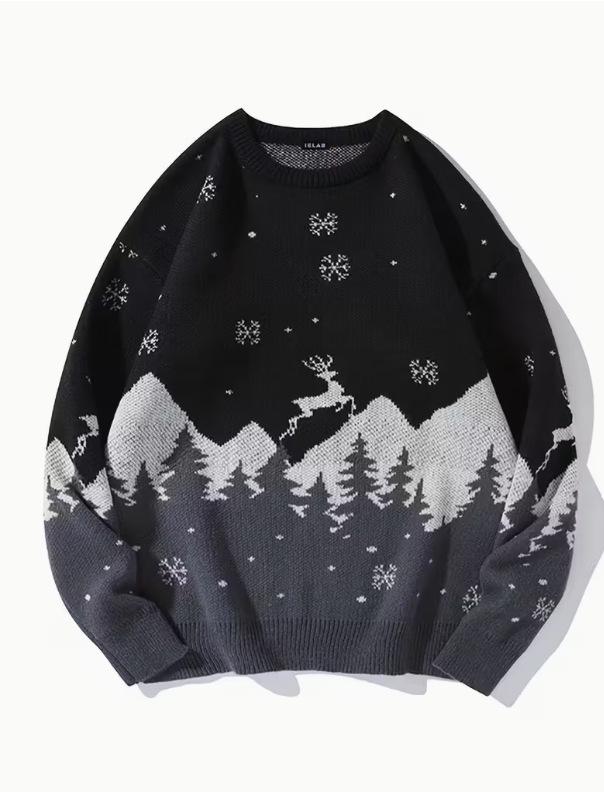 Autumn and Winter Christmas Wind Elk Snowflake 3D Printed Sweater Men's, Retro Loose Crew Neck Knitted Sweater Couple Top