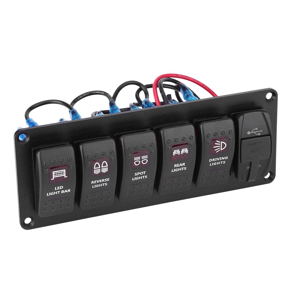 12V-24V 6 Gang Red LED Rocker Switch Panel with 3.1A Dual USB for Car RV Boat Yacht Marine