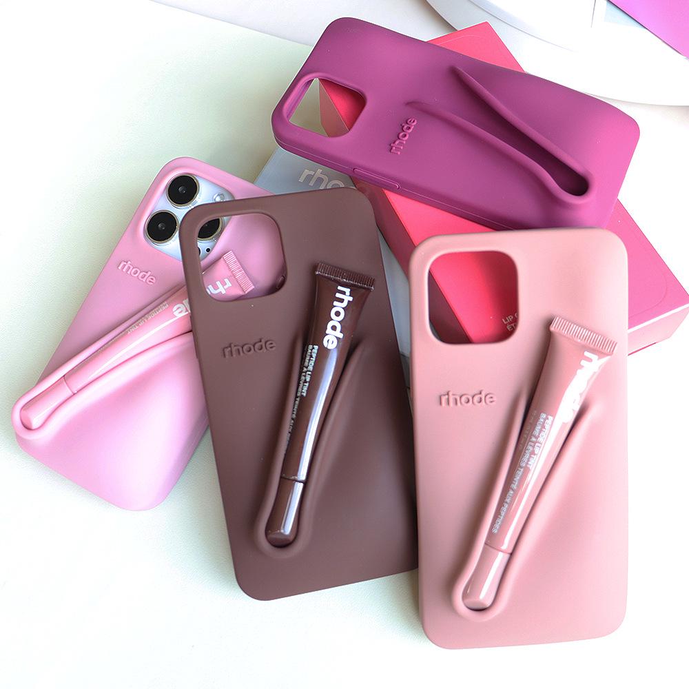 Rhode Silicone Full-Coverage iPhone 13/14/15 Pro Max Case with Lipstick Lip Gloss Design