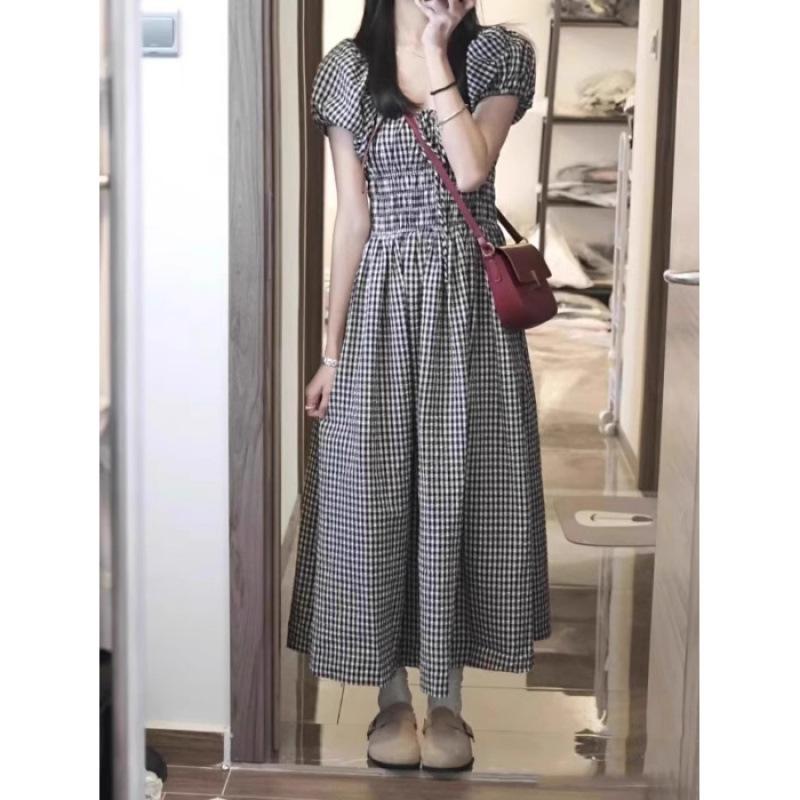 Black plaid bubble sleeve dress women s summer new small temperament thin a word long dress S