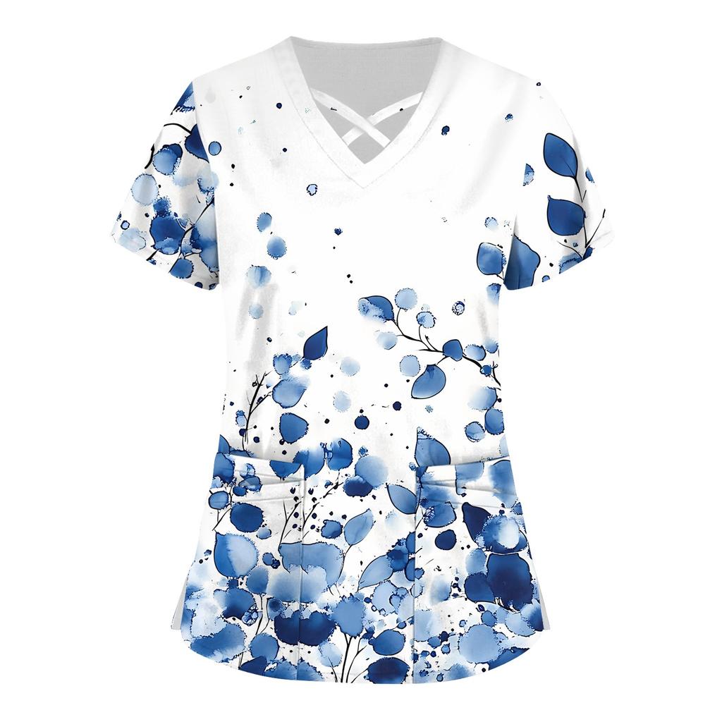 Women's Short Sleeve Stagger V Neck Print Pocket Dry-nurse Top