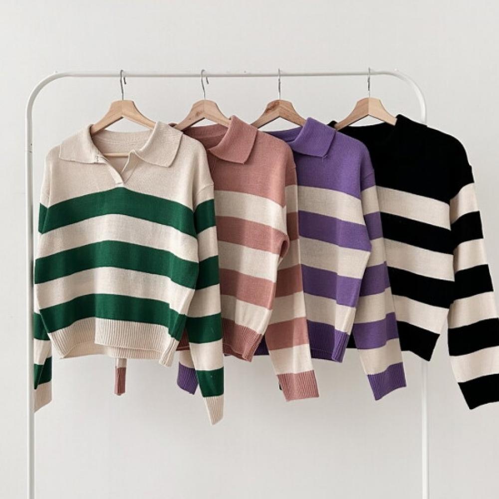 Shop Women SliT Collar Neck STripe Long Sleeve KniT T shirT Black 21ds Wkn 247