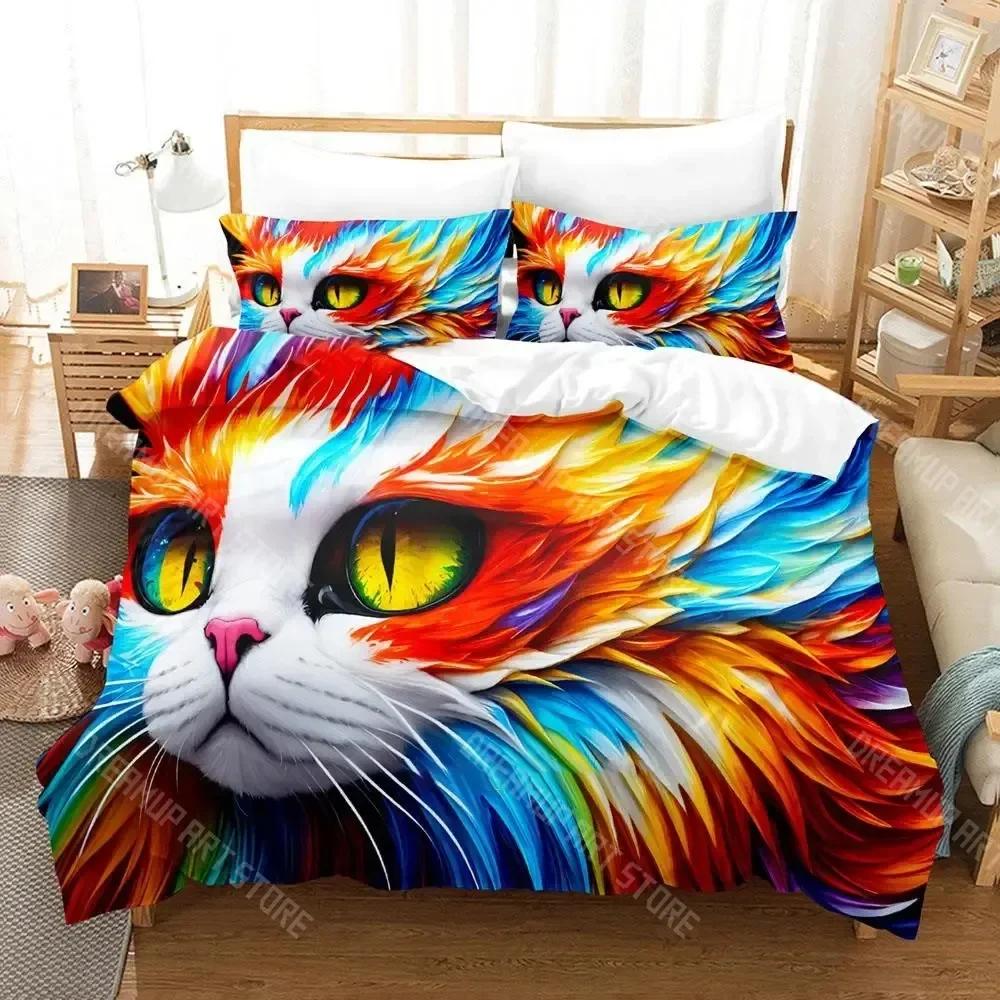 Cute Artistic Cat Bedding Set Single Twin Full Queen King Size Bed Set Adult Kid Bedroom Duvetcover Sets Anime Cat