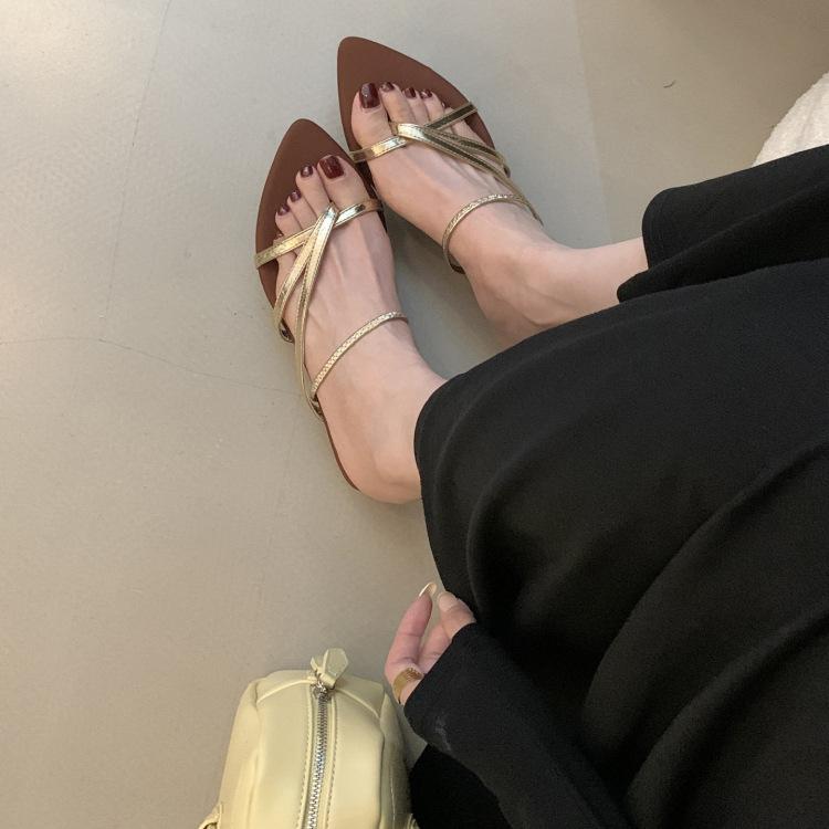 French pointed thick heel strap sandals fairy shoes 2025 new summer with skirt toe silver Roman shoes