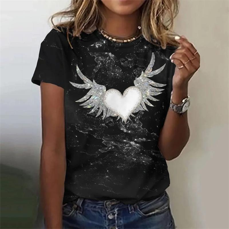 

Large casual loose T-shirt round neck top with heart-shaped star pattern women s T-shirt color cartoon 3D printed short sleeved T-shirt 5XL