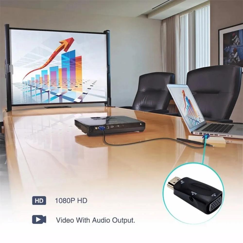 Hdmi-kompatibel VGA-kabelkonverter, hann- til hunn-adapter, 3,5 mm jack, lyd, HD 1080p for PC, bærbar PC, nettbrett