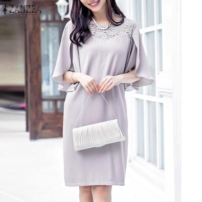 Women's Round Neck 1/2 Sleeve Lace Splicing Straight Solid Color Loose Dress