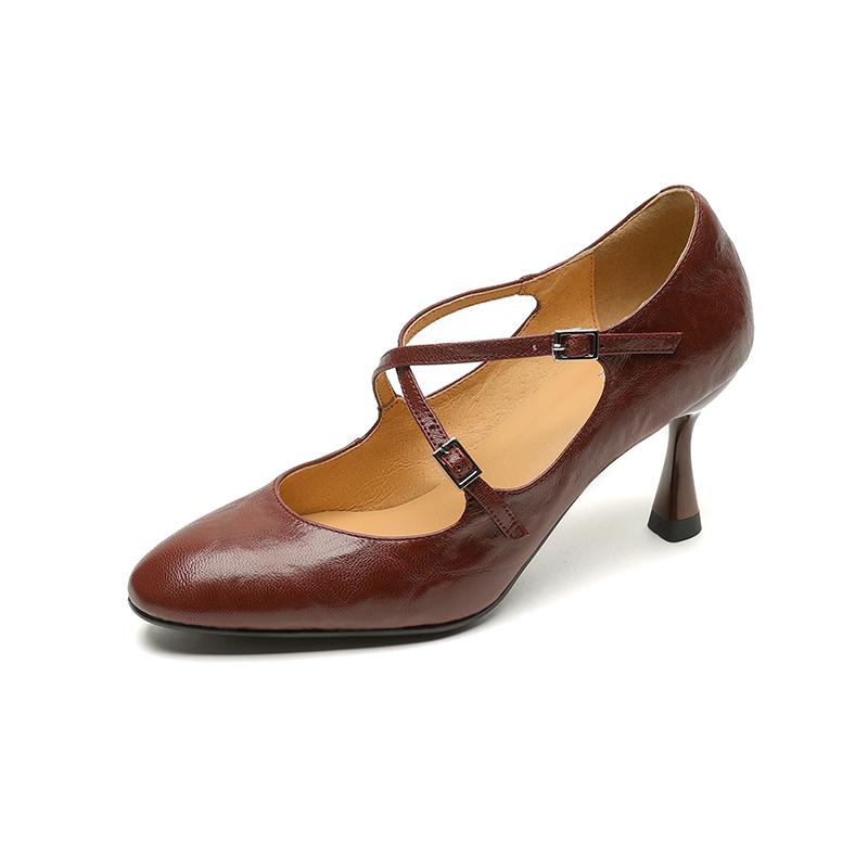

Мода 2025 Новые Весенние Женские Туфли-Лодочки на Квадратном Каблуке с Ремешком и Пряжкой из Натуральной Кожи Офисные Туфли Женские Ретро Круглый Носок Черные Мэри Джейнс 39 вино красного