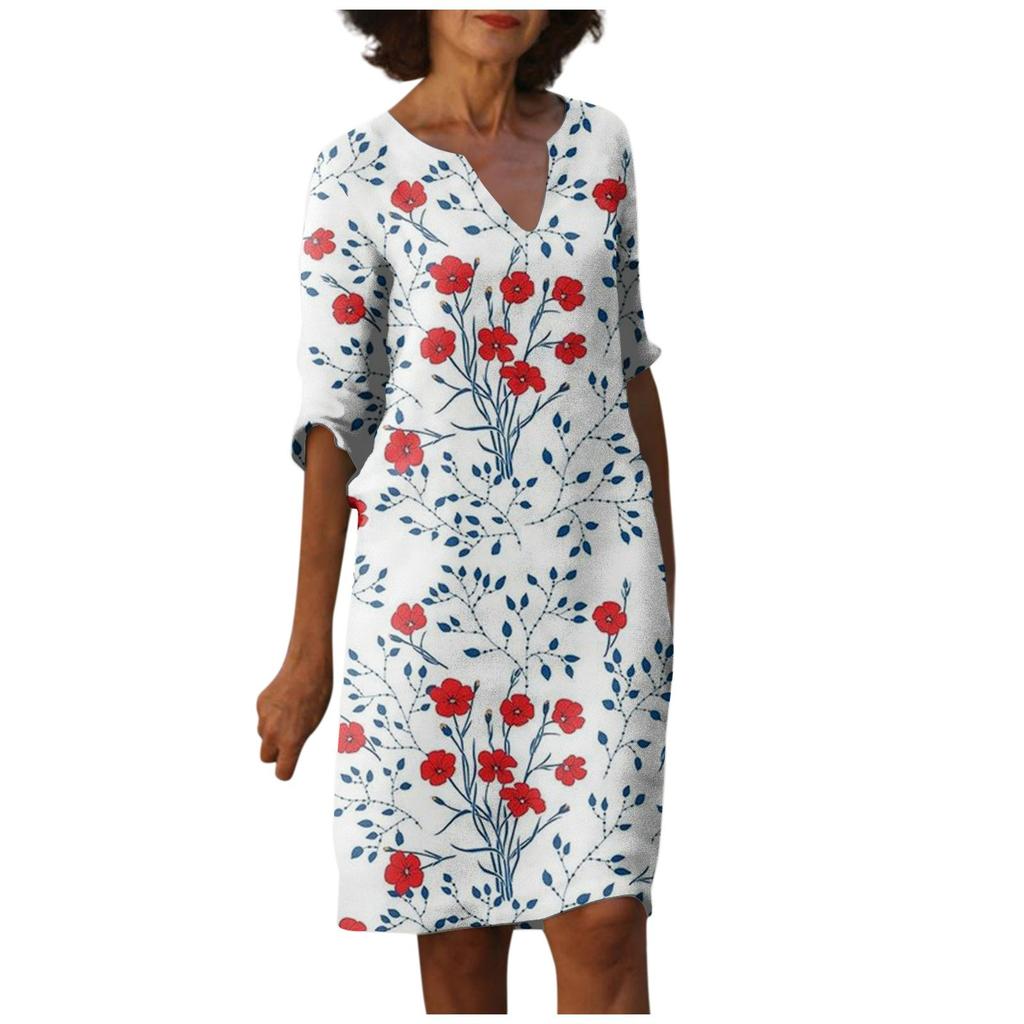 Damen Sommer Vintage Blumendruck V-Ausschnitt Halbarm Kleid Leichtes atmungsaktives Kleid