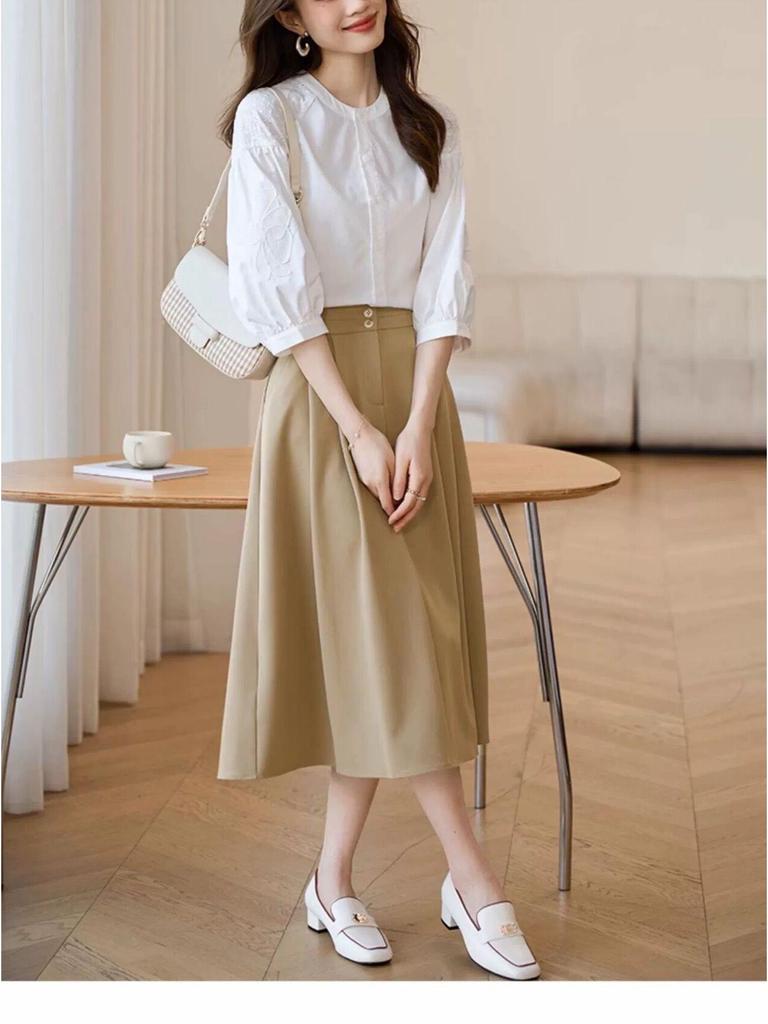 Cămașă Chic Albă de Damă cu Mâneci Trei Sferturi și Efect de Slăbire, cu Broderie Ajour - Colecția Vară 2025