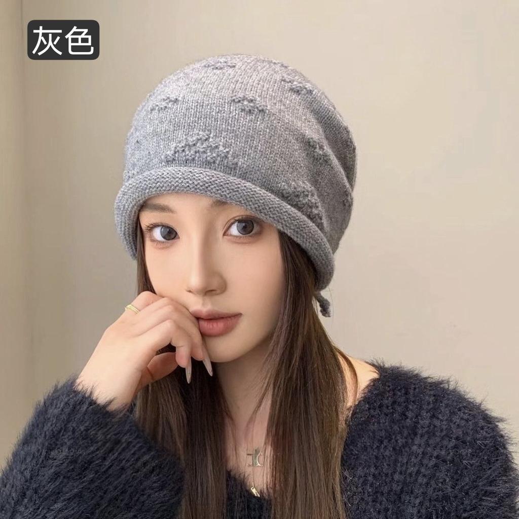 Pile Hats Women's Autumn and Winter Versatile Warm Hemming Knitted Cold Hats Big Head Circumference Showing Face Small Wool Hats