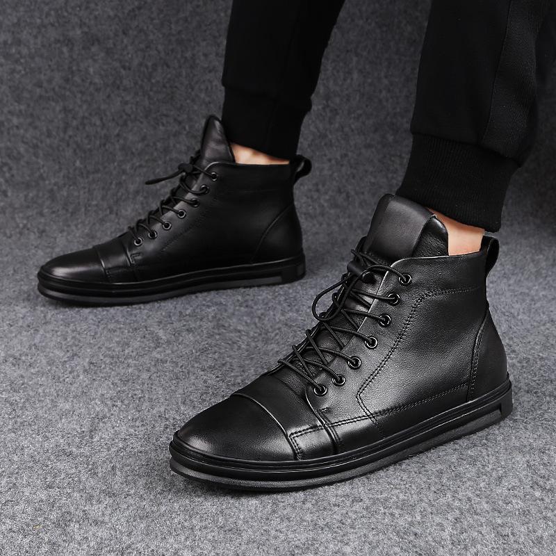 Trendy Men's High-Top Cowhide Leather Sneakers In Korean Style, Plus Size 48