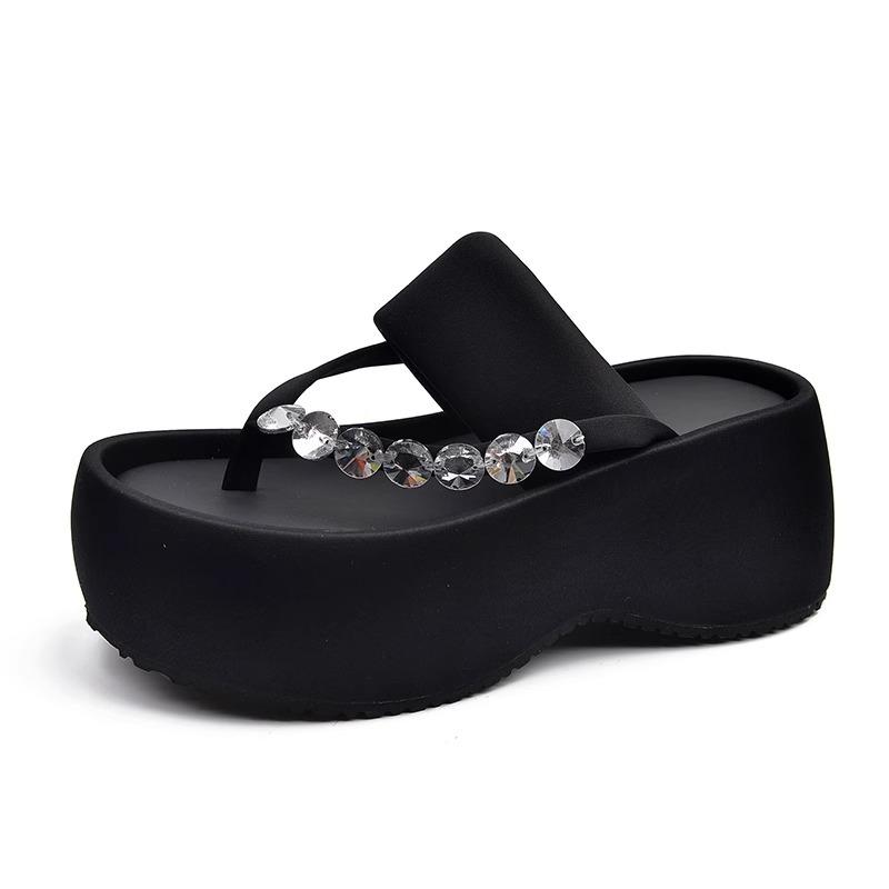 

sponge cake thick-soled flip-flops women s summer new fashion rhinestones small man height increase clip toes Roman high-heeled cool slippers 39 чёрный