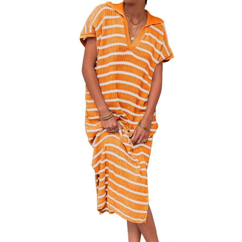 Summer Dress Women's V-neck Striped Low-slit Lapel Long Sweater