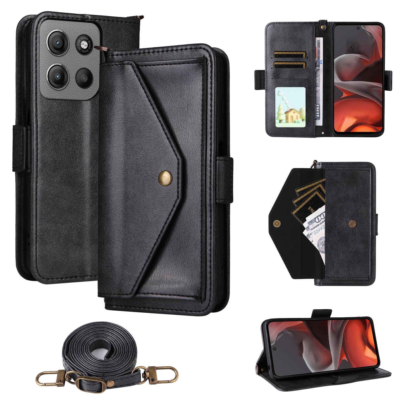 

For Motorola Moto G15 Power 4G/G15 4G Leather Case Magnetic Closure Wallet Stand Phone Cover with Crossbody Strap Black