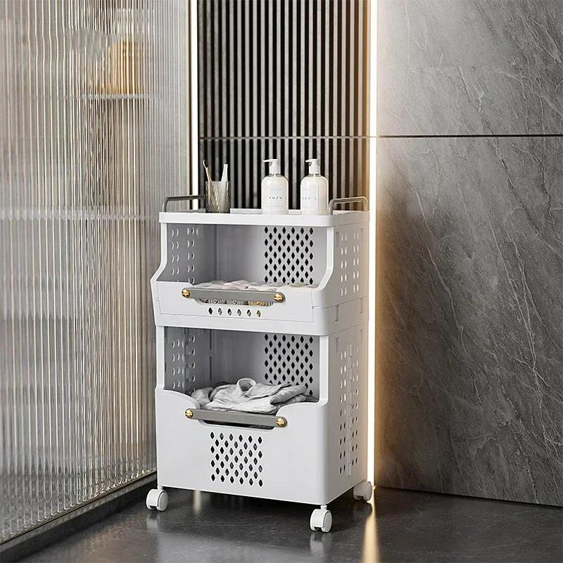 Dirty Clothes Basket Fold Plastic Move Toilet Storage Frame with Wheel Hollow Out Design High-capacity Household Storage Racks