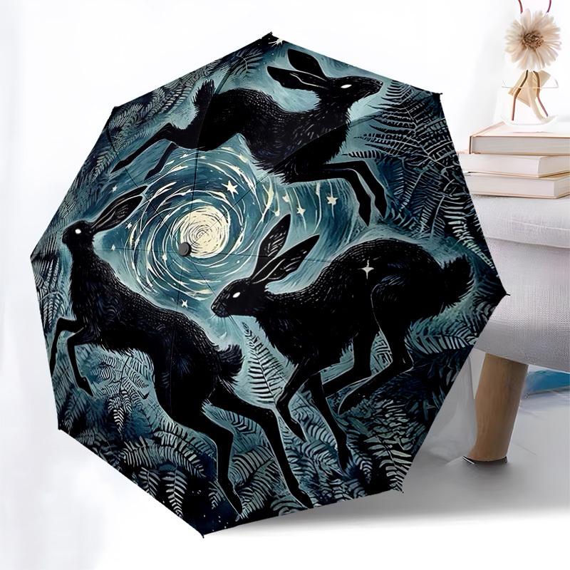 

1pc Midnight Hare Dance Automatic Folding Umbrella - Portable 3-Fold Design with 8-Bone Iron Frame, Perfect for Outdoor Adventures, Festivals, Travele