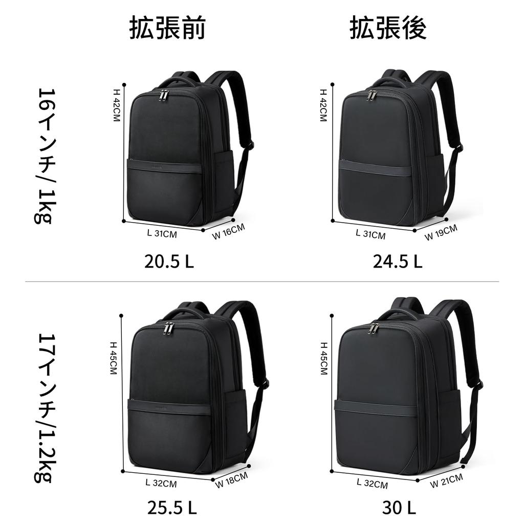 Hanke Business Backpack for Men and Women, Large Capacity Knapsack with Expandable Capacity (30L) (Black)