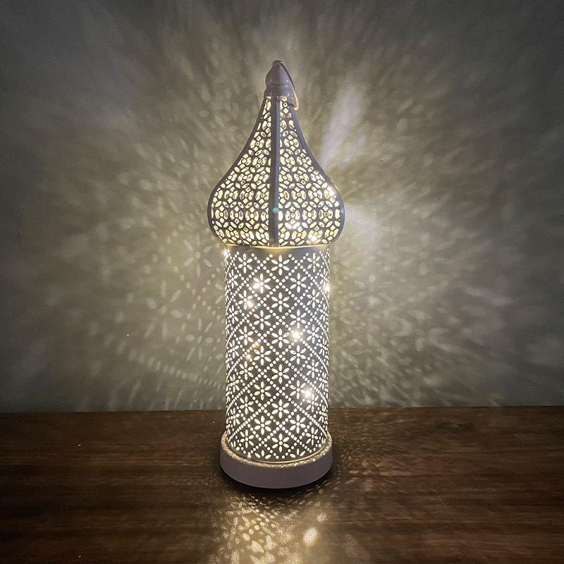 White LED Hollow Out Iron Lantern Vintage Home Decor Bedroom Living Room Ambient Lighting Craft Ornament for Indoor Outdoor Use