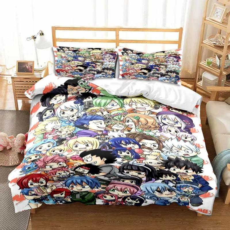 3D Anime Fairy Tail Bedding Set Bed Three-piece Set Duvet Cover Single Double Bed Queen Size Duvet Cover Set Adult Kid's Bedroom Tool