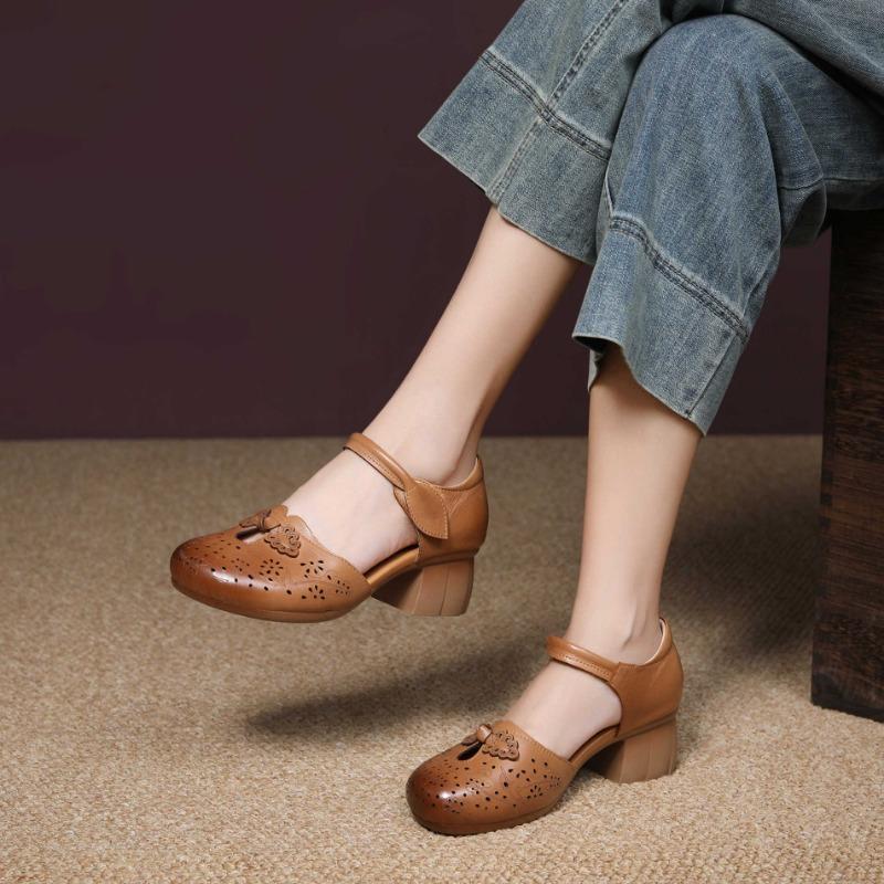 National retro style Baotou Baotou sandals new summer first-layer cowhide thick heel soft sole versatile cheongsam shoes