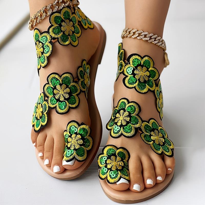 Flower Ladies Sandals Set Toe Rivet Flat Women's Shoes Vacation Plus Size Shoes