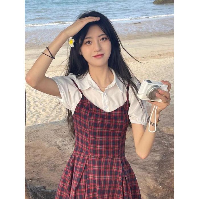 Fake Two-piece Bubble Sleeve Plaid Suspender Dress Women's Summer Niche Design High-end Temperament Waist Short Skirt