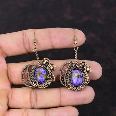 Copper Charoite Earring Copper Wire Wrapped Gemstone Earring Copper Jewelry Handmade Earring Wire Wrap Jewelry Gift For Her Designer Earring