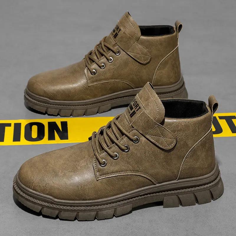 Solid Color Thick Sole Non Slip and Waterproof Man Casual Boots Platform Adults Free Delivery Shipping Pu Leather Shoes for Men