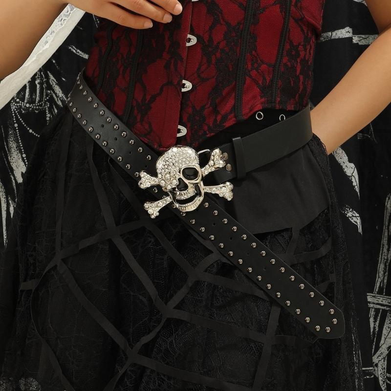 Popular Rhinestones Skull Buckle Belt for Adult Rivet Studded Belt All Matching Western Belt for Daily and Club Wear