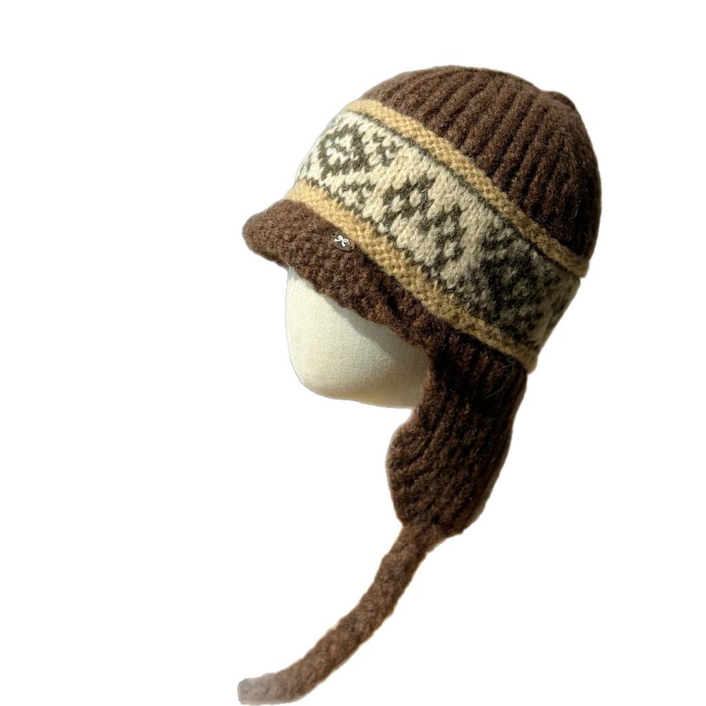 Korean Version of Fair Isle Knitted Lei Feng Hat for Women Versatile Straps Warm Temperament Retro Knitted Woolen Cap Trendy