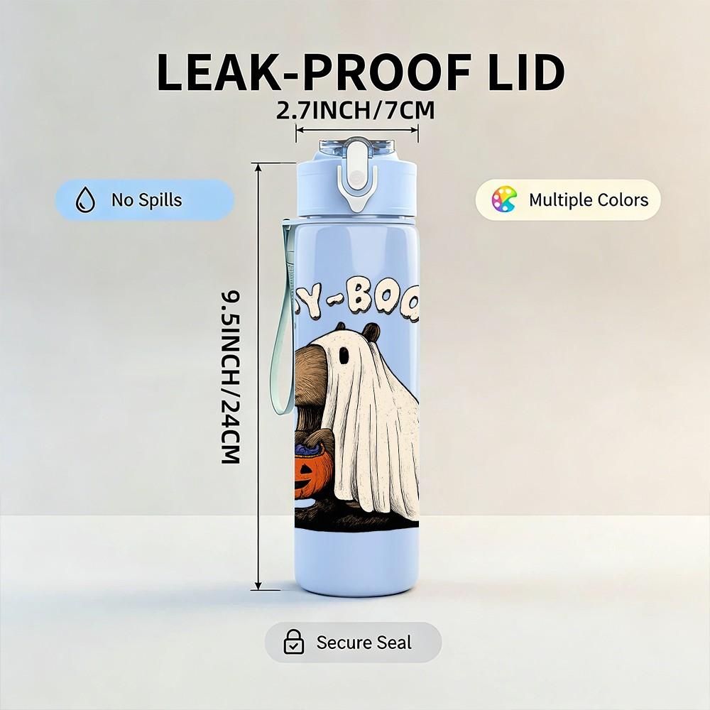 1PC Ghost Holding Pumpkin Cartoon 750ml Color Plastic Sports Water Bottle Leakproof Flip Straw Lid Suitable for Sports Office Home Use