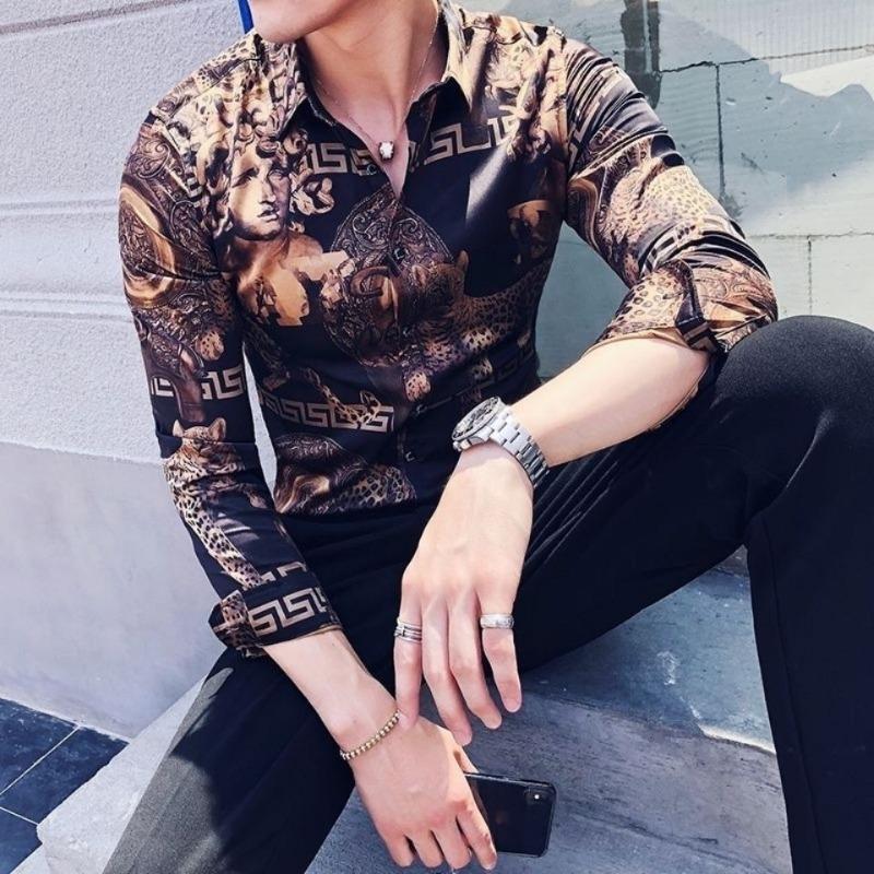Personalized Printed Long-sleeved Shirt for Men Korean Style Slim British Trendy Hairstylist Floral Shirt