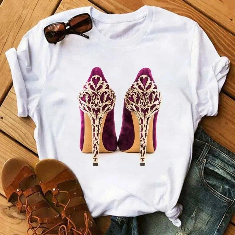 Maycaur Pinke High Heels Blumen Taschendruck T-Shirt Damen Trendy Hipster Harajuk Kawaii Kurzarm Oberteile T-Shirt Femme Kleidung Unisex