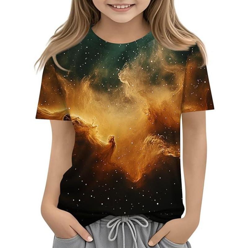Girls T Shirts Summer Casual Starry Sky 3D Printed Short Sleeved Round Neck Children's T-shirt
