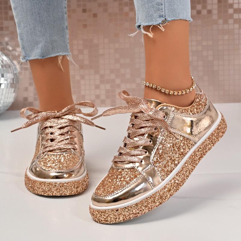 Fashion Fashion Flats Fall New Round Toe Spliced Front Lace-Up Sequin Platform Anti-Slip Wear-Resistant Single Shoes