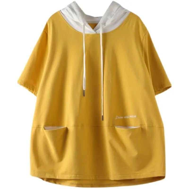 Women's Plus Size  Fat Sister Summer Hooded Short-sleeved T-shirt Loose Colorblock Graffiti Top