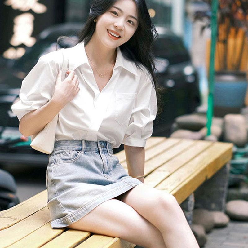 V-neck Short Sleeved Polo Neck White Shirt Women's Commuting Elegant Solid Colour Loose Blouses Thin Top Spring and Summer