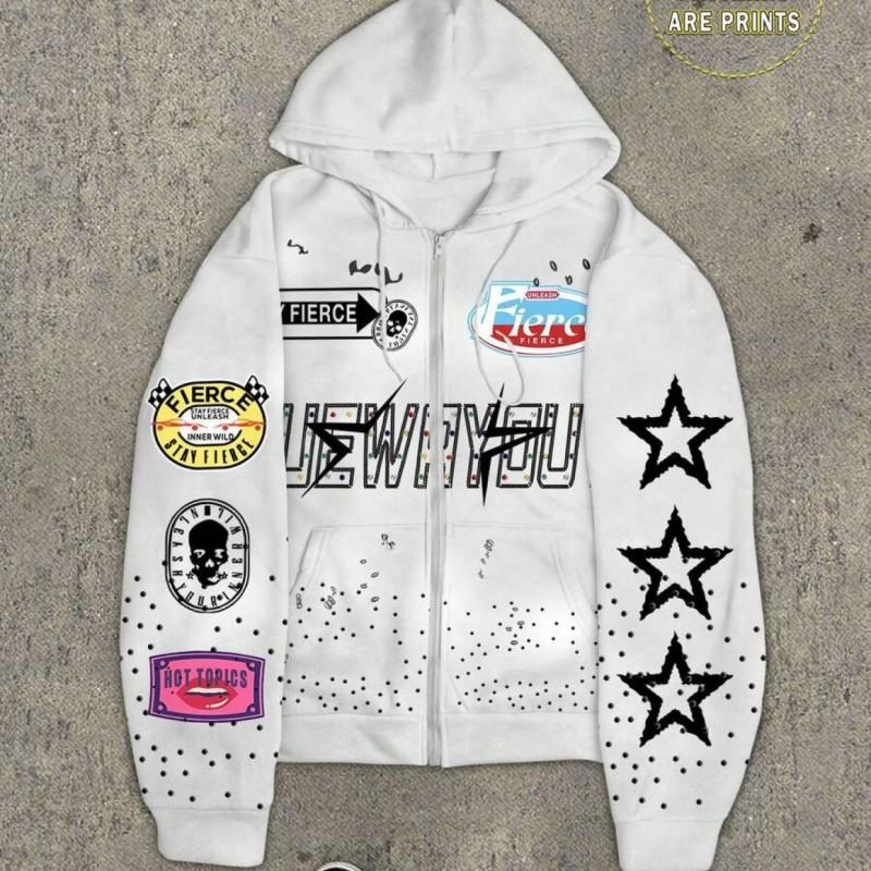 Casual Dark Thorn Print Zip-Up Hoodie Couples Regular Weight
