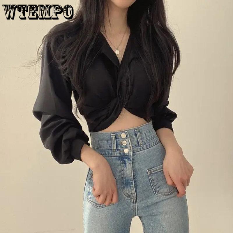 WTEMPO Vintage Streetwear Harajuku Bluze pentru femei Coreeană la modă Negru Alb Gri Cămăși cu mânecă lungă Tunica Chic Topuri decupate