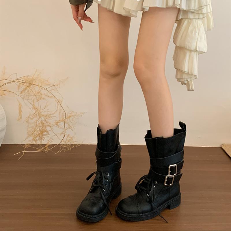 Mode Vintage Gürtelschnalle Frau Western Cowboy Stiefel Mode Niedriger Absatz Ritter Motorrad Stiefeletten botas de inverno feminina