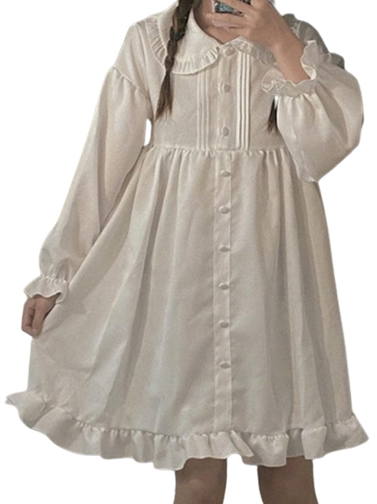 [Lady Lazy] Lolita Frill Long Sleeve Dress, Round Neck, Gothic Lolita, Simple, Plain, Knee-Length (White, M)