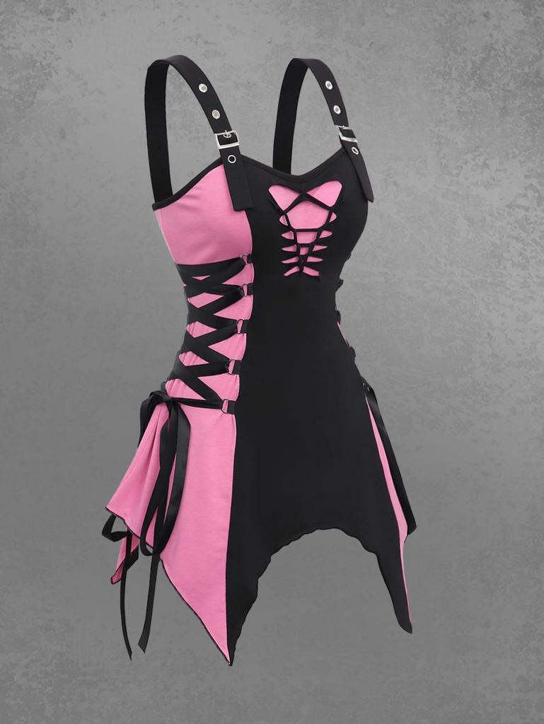 Rosegal Gotycki Top Tank z Koronkowym Sznurowaniem, Dziurami, Plecionką, Klamrą, Oczkami, Asymetrycznym Patchworkiem i Odkrytymi Plecami