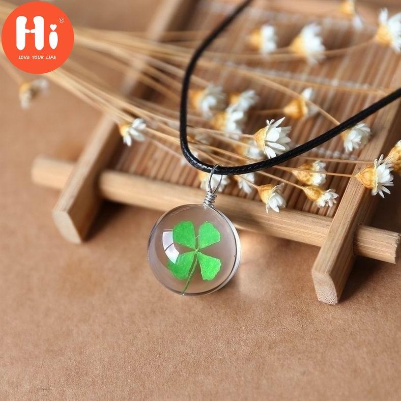 Hi Green Real Four-Leaf Clover Ball Love Lucid Kožený remienok Retiazka Okrúhly prívesok Good Lucky Necklace