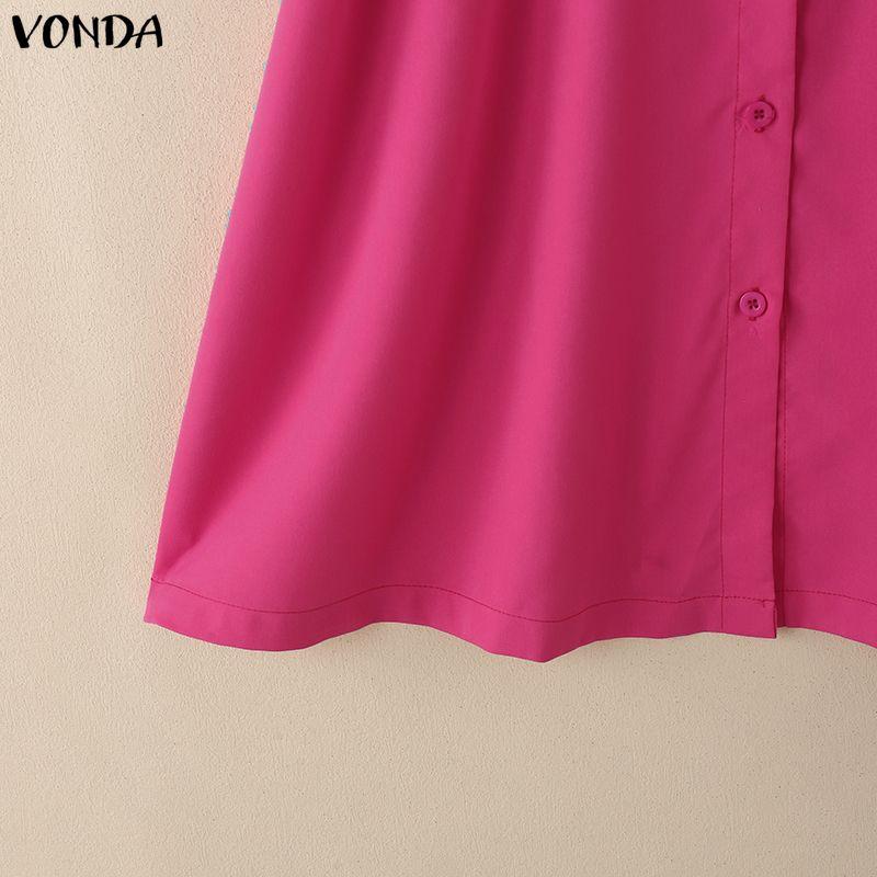 VONDA Women Casual Lapel Neck 3/4 Sleeve Slim Waist Pleated Mini Dress