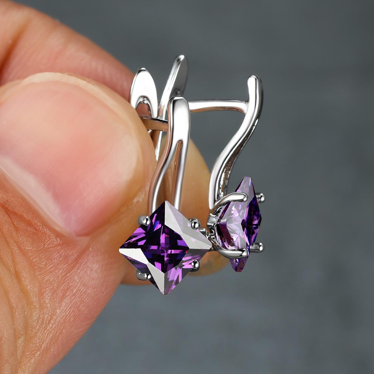 

1 пара серег-клипс серебряного цвета с огранкой принцессы, синих, зеленых, цвета морской волны, красного, фиолетового цвета, серьги-клипсы с камнем для невесты, принцессы, помолвки, висячие серьги фиолетовый