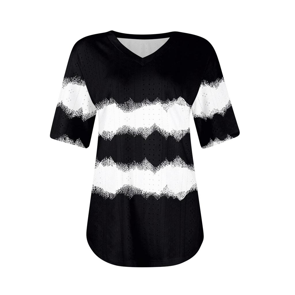 Dámská trička s výstřihem do V, s krátkým rukávem, ležérní topy, volný střih, základní trička se zakulaceným lemem