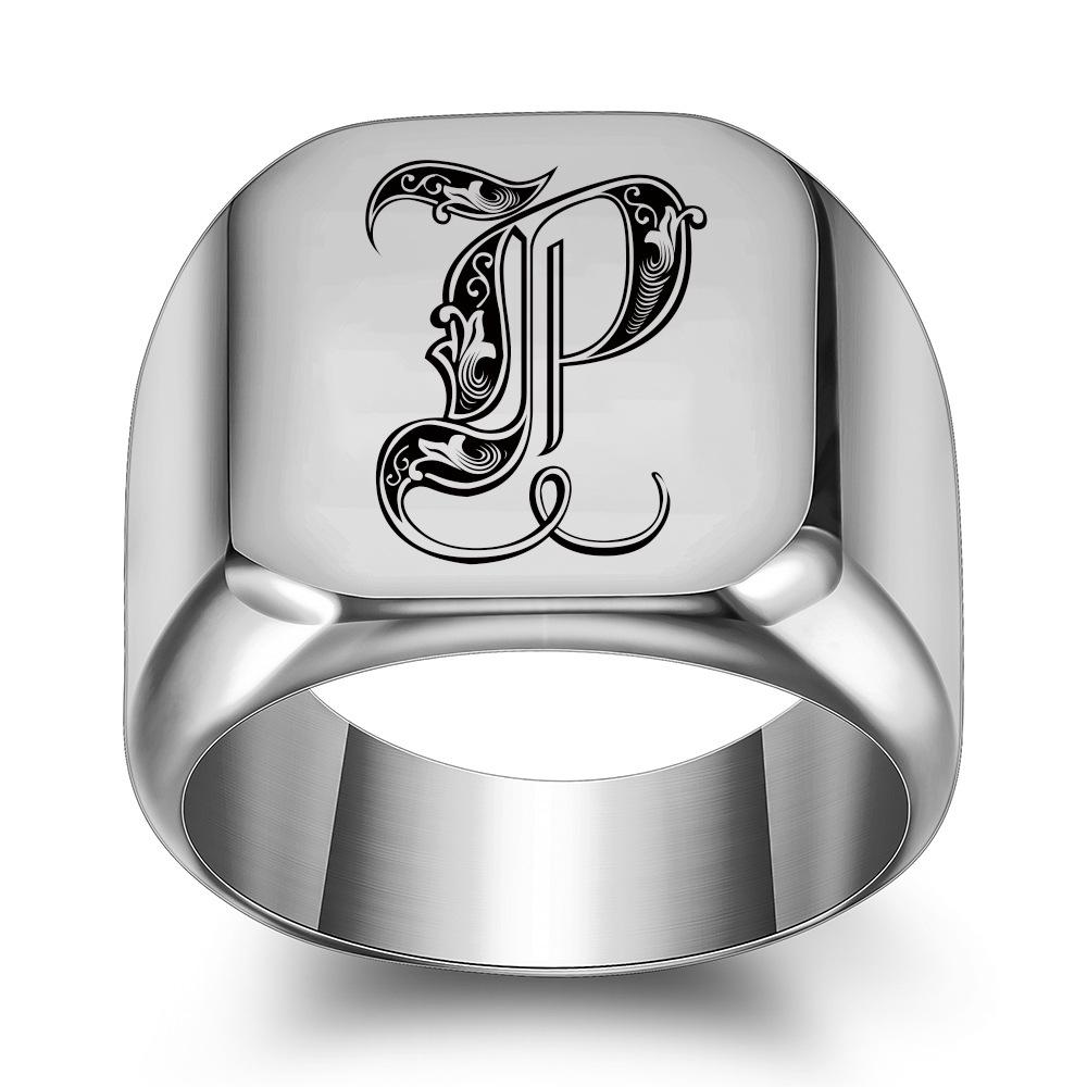 Siegelring mit Retro-Initialen für Männer, 14 mm, sperrig, schwerer Stempel, Herrenband, Edelstahlbuchstaben, individueller Charm-Schmuck, Geschenk für ihn