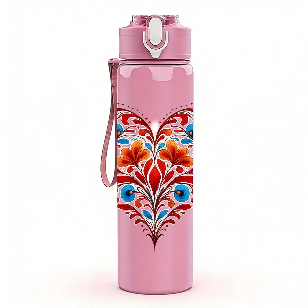 1PC Folk Floral Heart Pattern 750ml Color Plastic Sports Water Bottle Leakproof Flip Straw Lid Suitable for Sports Office Home Use